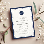 Custom Colour Monogram Save the Date Card<br><div class="desc">Customize these simple and elegant monogram save the date cards to match your colours! Simply add your event details using the template fields provided, then click "customize it" to change colours. Shown in classic, crisp navy blue and white. An elegant double border and circular monogram badge at the top show...</div>