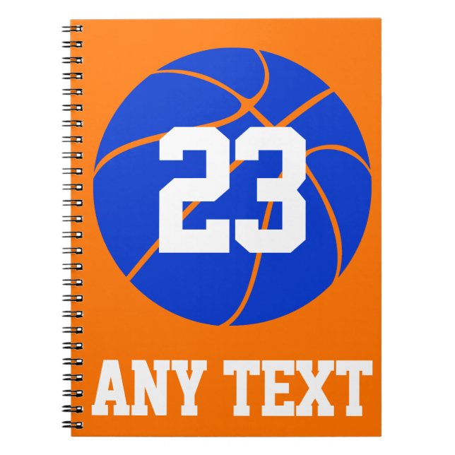 Custom Colour, Name & Number Blue Basketball Notebook (Front)