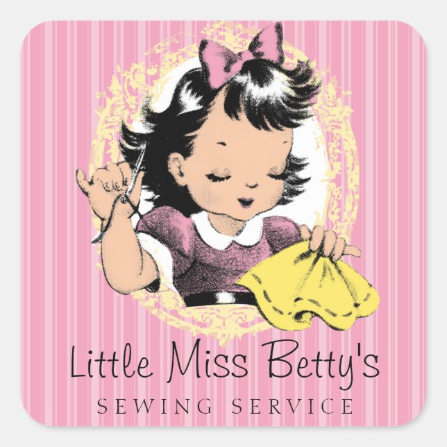 custom colour seamstress sewing girl needle thread square sticker (Front)