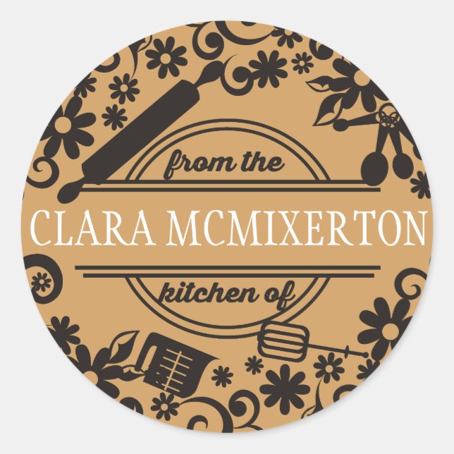 Custom colour utensils flowers from the kitchen of classic round sticker (Front)