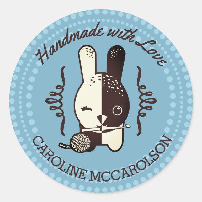Custom colour wink bunny crochet hook ball of yarn classic round sticker (Front)