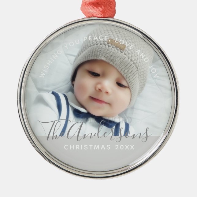 Custom Colour with Custom Photo and Text Metal Ornament (Front)