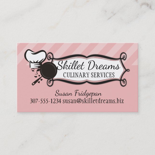 Custom colour woman chef hat skillet love catering business card (Front)