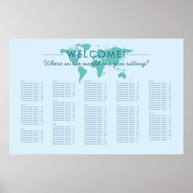 Custom Colour World Map Travel Theme Seating Chart (Front)