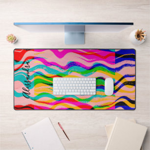 Custom Colourful Abstract Hand Drawn Waves Stripes Desk Mat