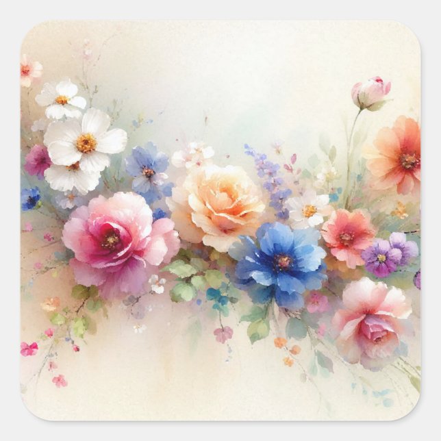 Custom Colourful Flowers Add Your Text Blank Square Sticker (Front)