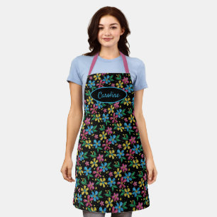 Custom Colourful Flowers Pattern on Black Apron