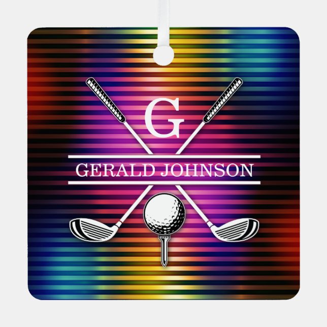 Custom Colourful Golf Monogram Design Metal Ornament (Front)