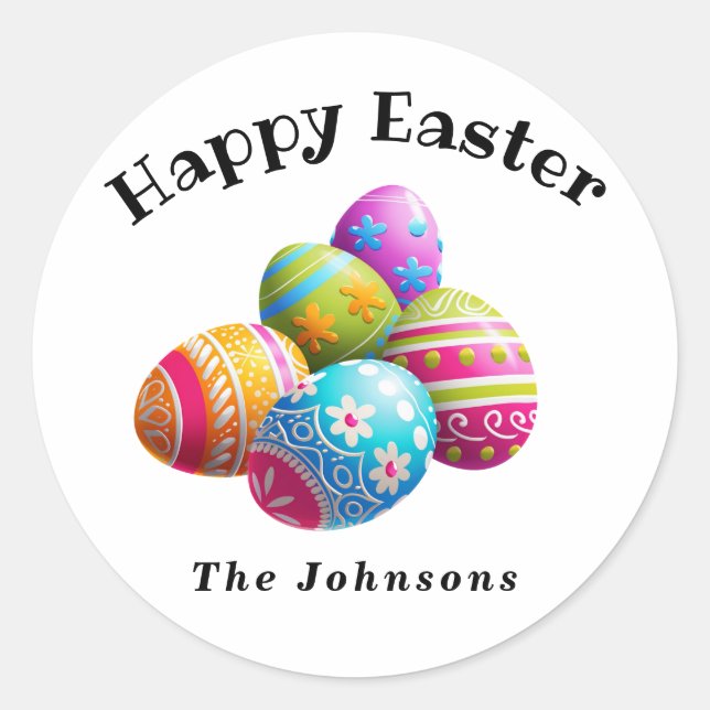 Custom Colourful Modern Egg Hunt Happy Easter  Classic Round Sticker (Front)