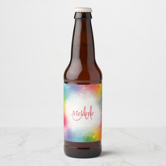 Custom Colourful Modern Rainbow Abstract Monogram Beer Bottle Label (Front)