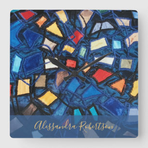 Custom Colourful Navy Stained Glass Look Abstract  Square Wall Clock