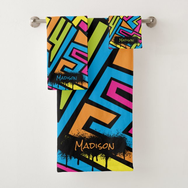 Custom Colourful Neon Graffiti Street Art Pattern  Bath Towel Set (Insitu)