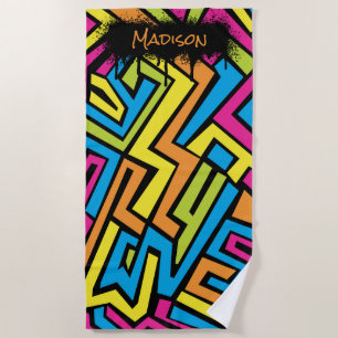 Custom Colourful Neon Graffiti Street Art Pattern  Beach Towel
