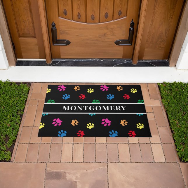 Custom Colourful Paw Prints Pattern on Black Doormat (Outdoor)