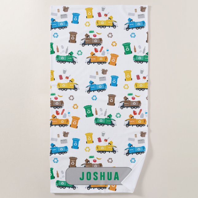 Custom Colourful Recycling Garbage Trucks & Bins  Beach Towel (Front)