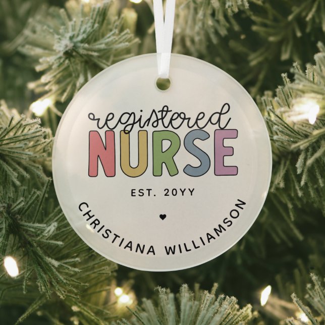 Custom Colourful Registered Nurse RN Graduation Glass Ornament (Insitu)