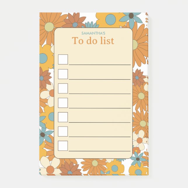 Custom Colourful Retro Flower Pattern To Do List Post-it Notes (Front)