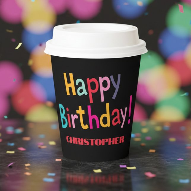 Custom Colourful Retro Happy Birthday - Black Paper Cups (Celebrate in style with a custom retro touch.)