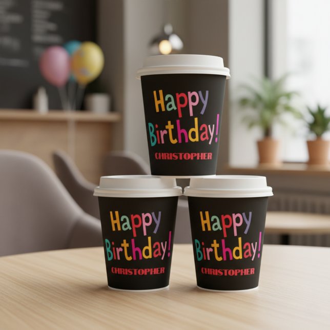 Custom Colourful Retro Happy Birthday - Black Paper Cups (Custom Colorful Retro Happy Birthday - Black Paper Cups)