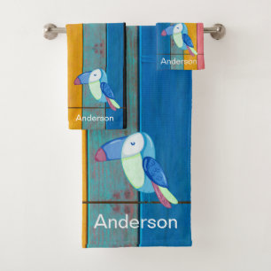 Custom Colourful Toucan Beach Rustic Wood  Bath Towel Set