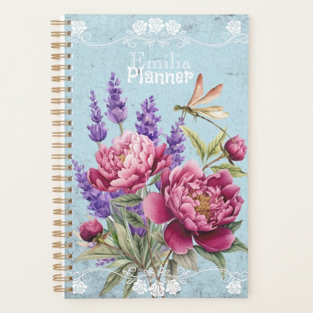 Custom colourful vintage peonies Lavender Blue Planner (Front)