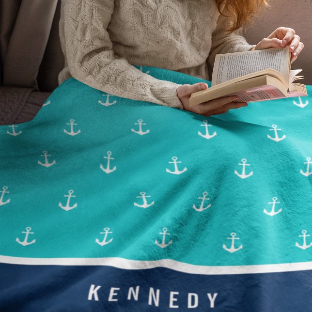 Custom Colours Add Name Nautical Anchor Fleece Blanket (Creator Uploaded)