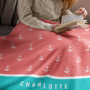 Custom Colours Add Name Nautical Anchor Fleece Blanket