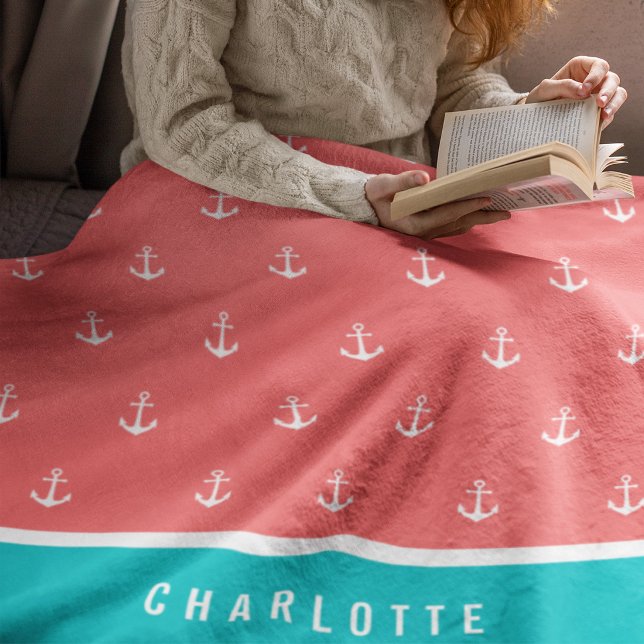 Custom Colours Add Name Nautical Anchor Fleece Blanket (Creator Uploaded)