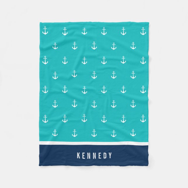 Custom Colours Add Name Nautical Anchor Fleece Blanket (Front)