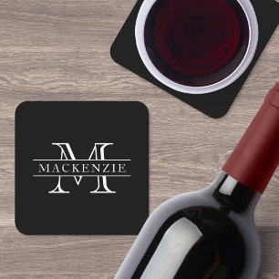 Custom Colours Border Bar Family Name Monogram Square Paper Coaster