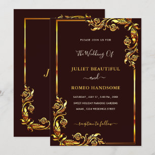 Custom Colours Gold Floral Frame Wedding Invitatio