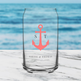 Custom Colours Monogram Anchor Wedding Can Glass