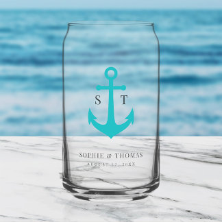 Custom Colours Monogram Anchor Wedding Can Glass