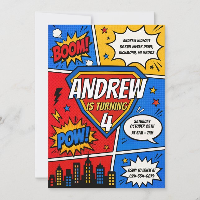 Custom Comic Book Hero Birthday party Invitation (Front)