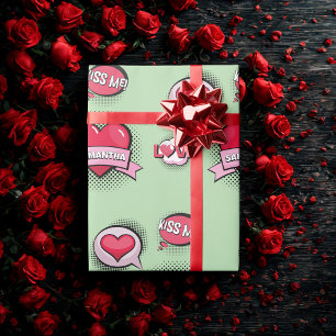 Custom comic book style green & red heart gifts wrapping paper