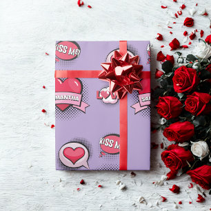 Custom comic book style purple cute heart gifts wrapping paper