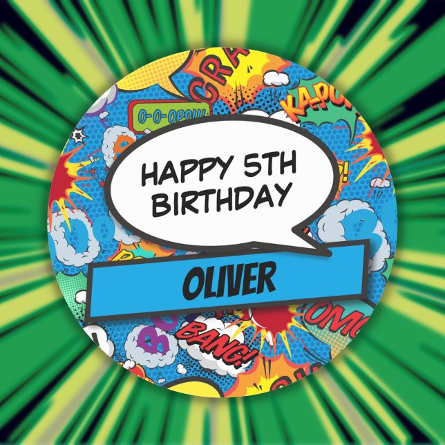 Custom Comic Book Superhero Birthday Party Blue Classic Round Sticker (Custom Comic Book Superhero Birthday Party Blue Classic Round Sticker)