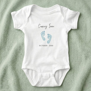 Custom Coming Soon Baby Bodysuit, Blue Footprints  Bodysuit