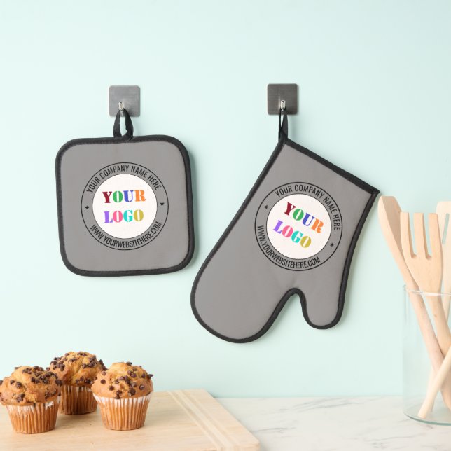 Custom Company Logo and Text Business Promotional Oven Mitt & Pot Holder Set (Insitu(Hanging))