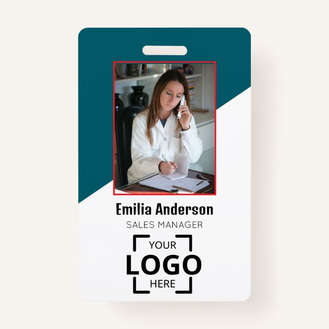 Custom Company Logo Bar Code Employee Photo Blue Badge (Front)