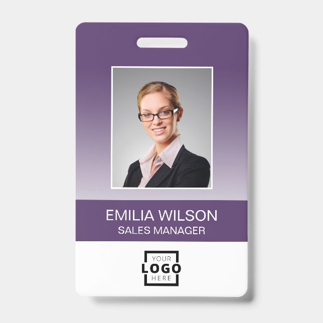 Custom Company Logo Bar Code Employee Photo Purple Badge (Front)