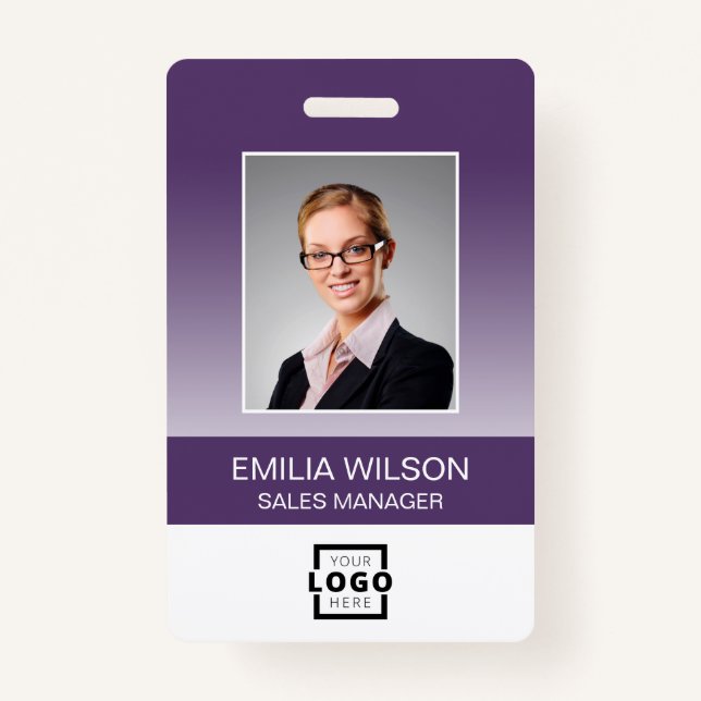 Custom Company Logo Bar Code Employee Photo Purple Badge (Front)