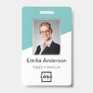 Custom Company Logo Bar Code Employee Photo Teal Badge