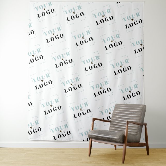 Custom Company Logo Diagonal Repeat White Backdrop Tapestry (In Situ)
