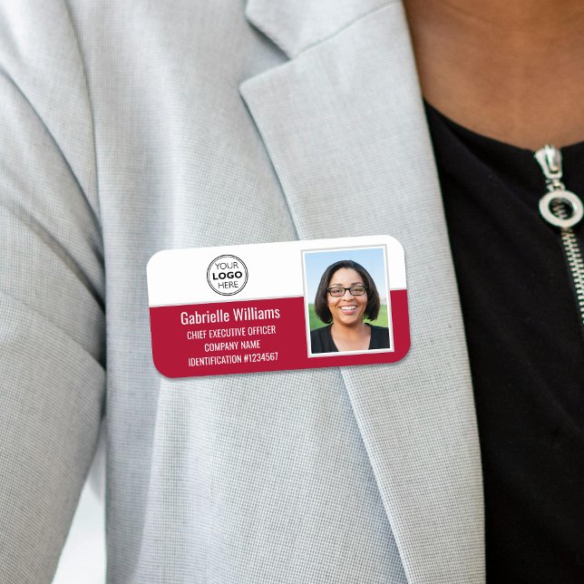 Custom Company Logo Employee Photo Red Magnetic Name Tag (Creator Uploaded)
