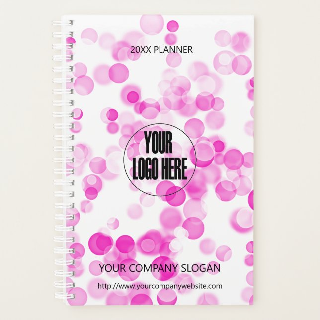 Custom Company Logo Pink Bubbles Bokeh Effect Dots Planner (Front)
