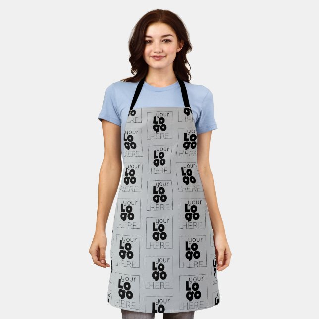 Custom Company Logo Rpt Pattern on Cool Grey Staff Apron (Worn)