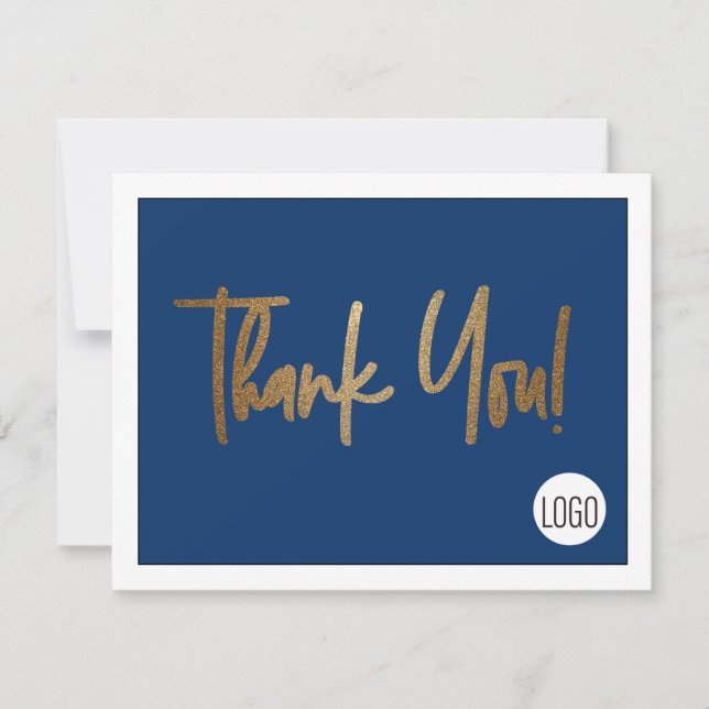 Custom Company Logo Social Faux Gold Blue Thank You Card (Front)