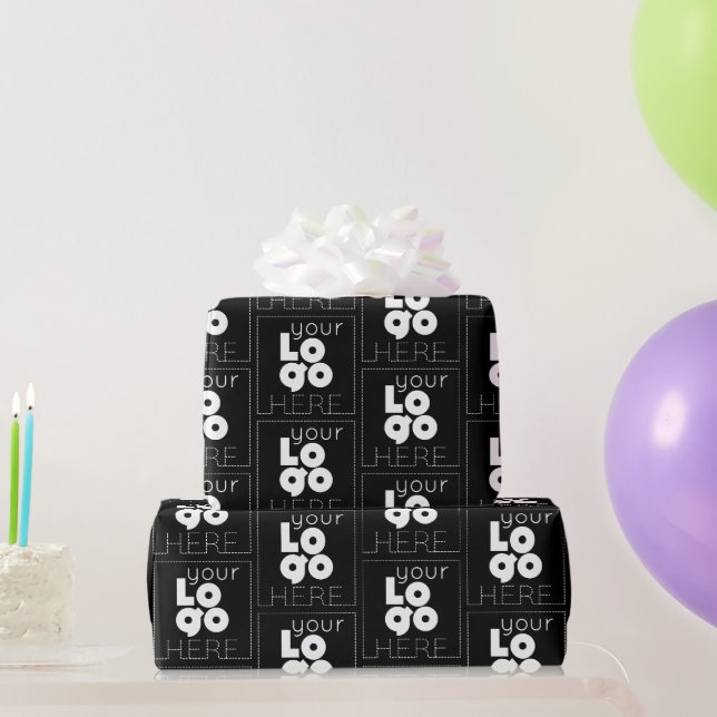 Custom Company White Logo Pattern on Black Gift Wrapping Paper (Party Gifts)