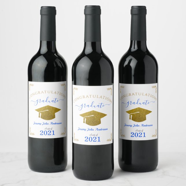 Custom Congrats Graduate Blue/Gold Glitter Effect  Wine Label (Bottles)